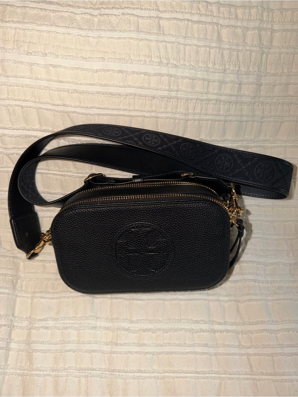 Tory Burch Black Pebbled Leather Camera Crossbody with Gold Hardware